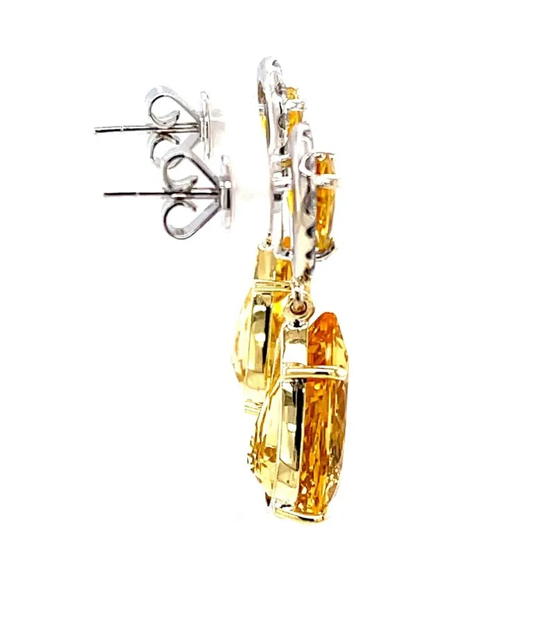 Pear Shape Golden Beryl, Yellow Sapphire and Diamond Dangle Earrings in 18k Gold