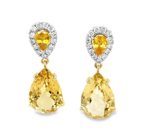 Pear Shape Golden Beryl, Yellow Sapphire and Diamond Dangle Earrings in 18k Gold