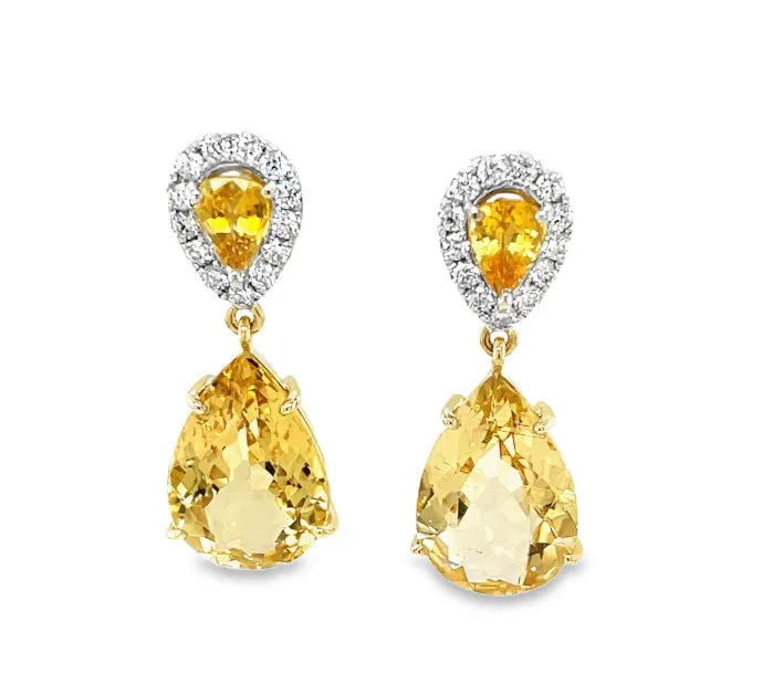 Pear Shape Golden Beryl, Yellow Sapphire and Diamond Dangle Earrings in 18k Gold