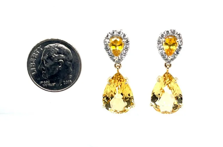 Pear Shape Golden Beryl, Yellow Sapphire and Diamond Dangle Earrings in 18k Gold
