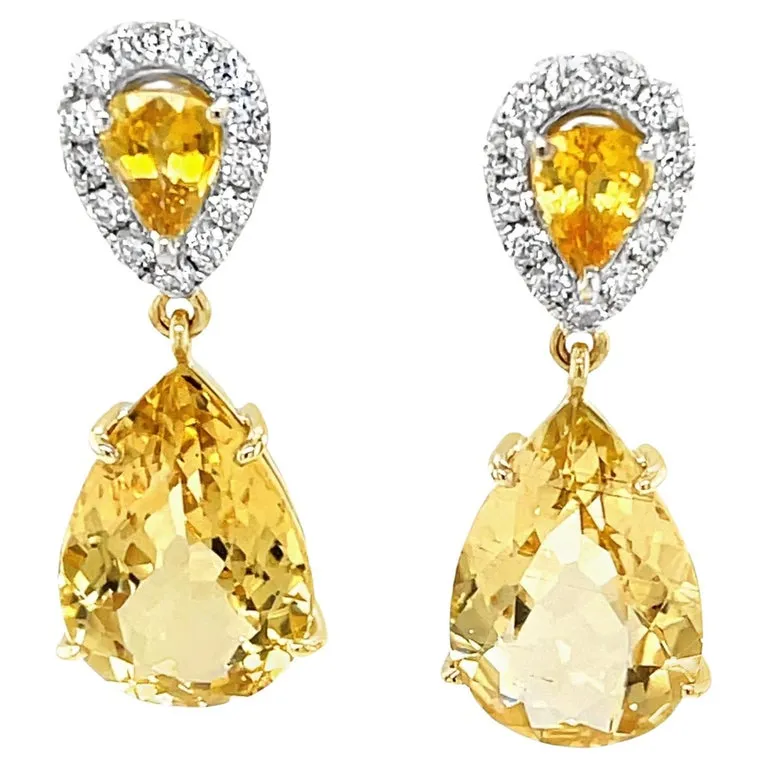 Pear Shape Golden Beryl, Yellow Sapphire and Diamond Dangle Earrings in 18k Gold