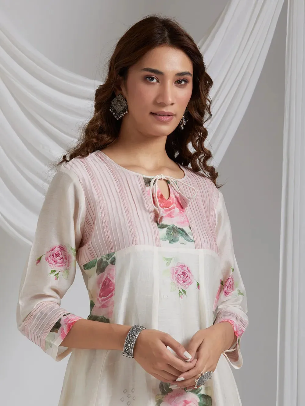 Pink Romance Handwoven Chanderi Silk Kurta With Delicate Printed Flowers