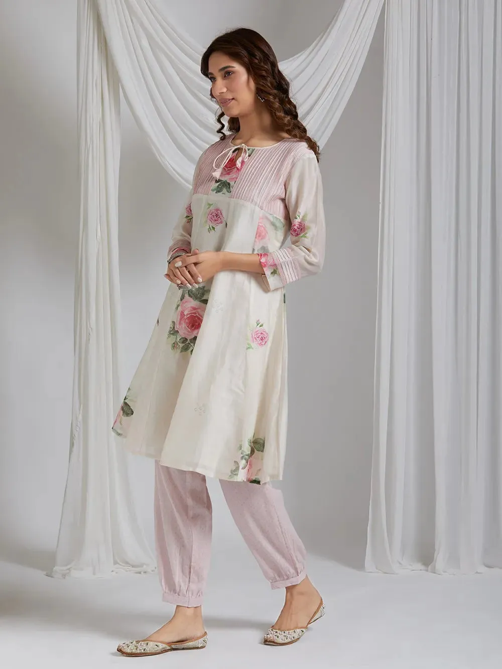 Pink Romance Handwoven Chanderi Silk Kurta With Delicate Printed Flowers