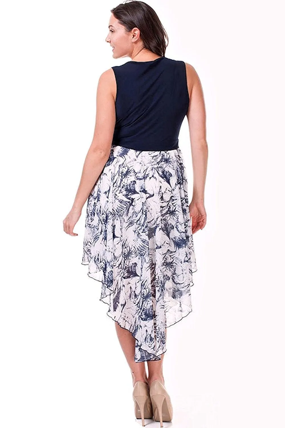 Plus Size Summer Dress Navy Blue Sleeveless with Uneven Chiffon Skirt