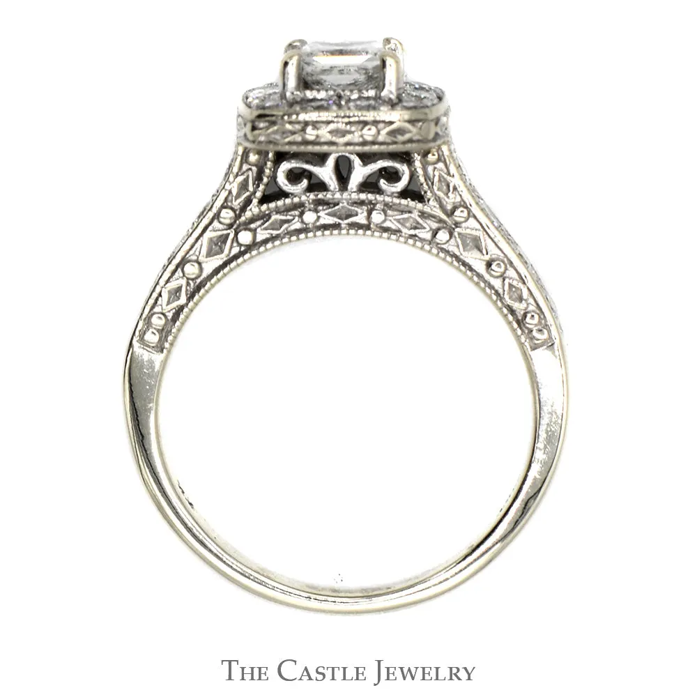 Princess Cut Diamond Engagement Ring with Diamond Halo and Accents in 14k White Gold