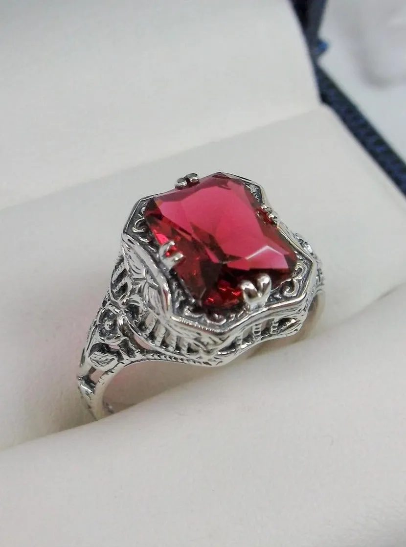 Red Ruby Ring, Lovely Rectangle Edwardian Style Jewelry #D148