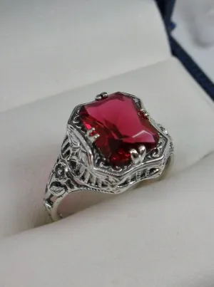 Red Ruby Ring, Lovely Rectangle Edwardian Style Jewelry #D148