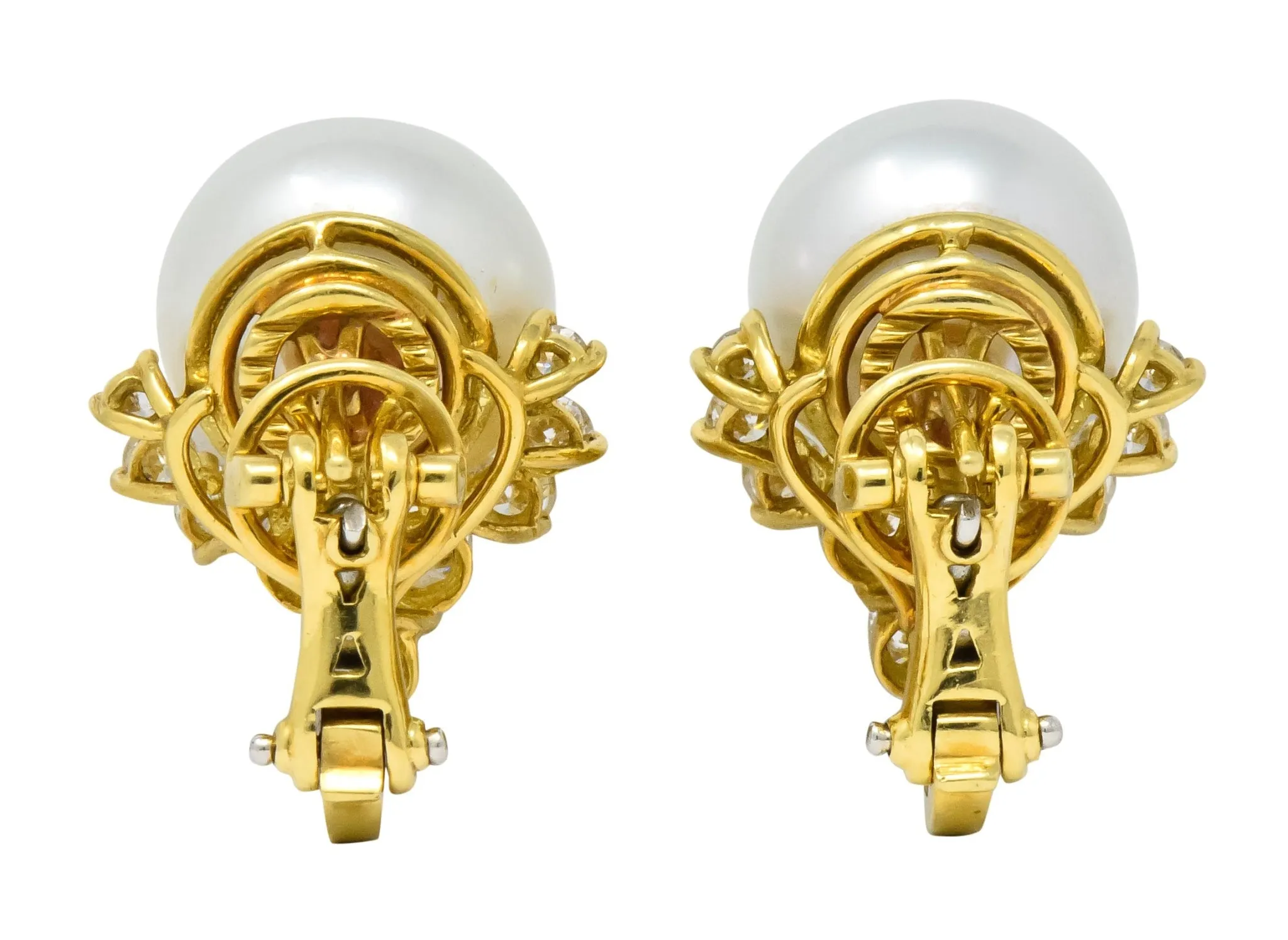 Retro 0.76 CTW Diamond Cultured South Sea Pearl 18 Karat Gold Earrings