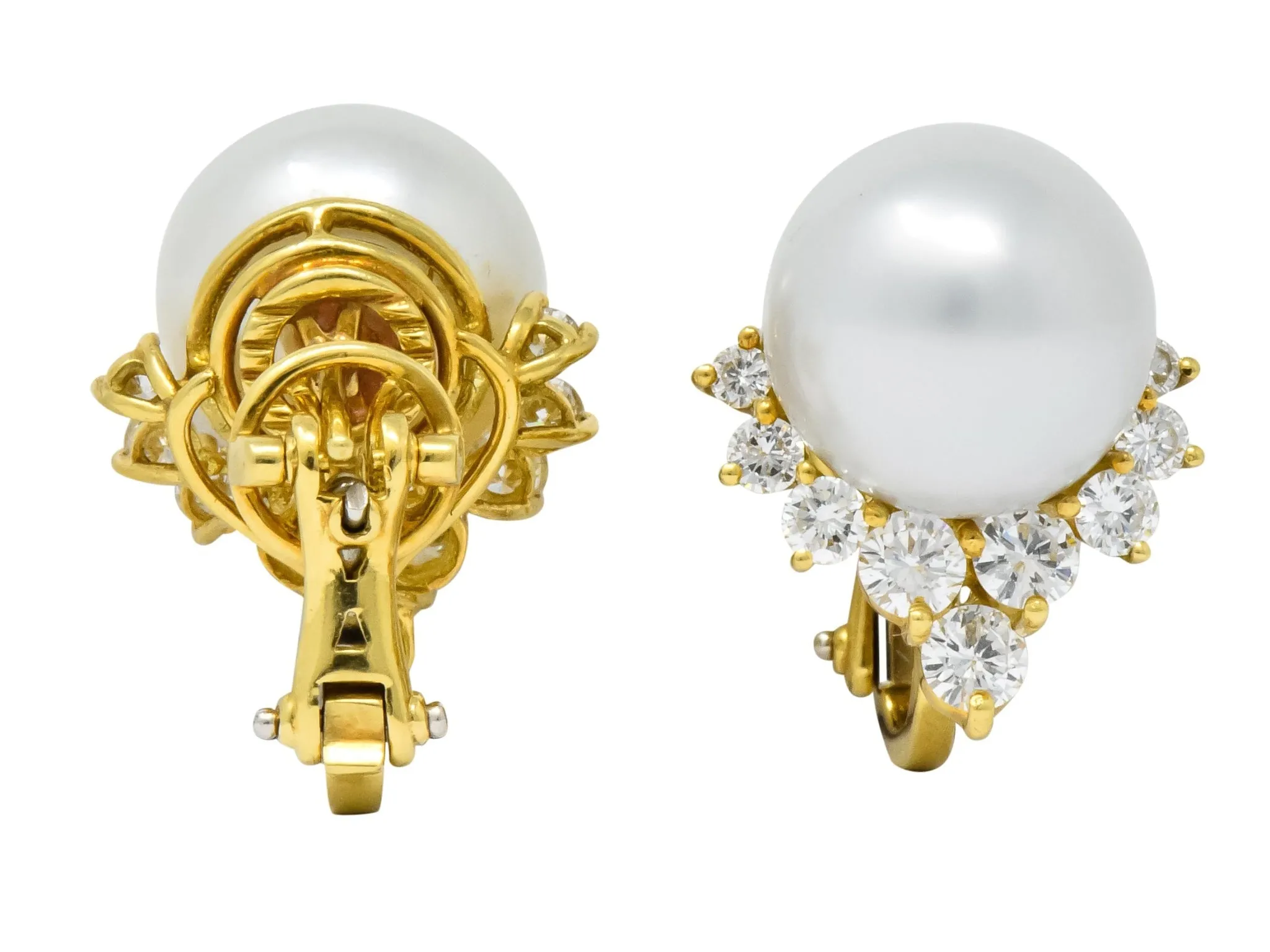 Retro 0.76 CTW Diamond Cultured South Sea Pearl 18 Karat Gold Earrings