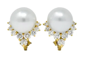 Retro 0.76 CTW Diamond Cultured South Sea Pearl 18 Karat Gold Earrings