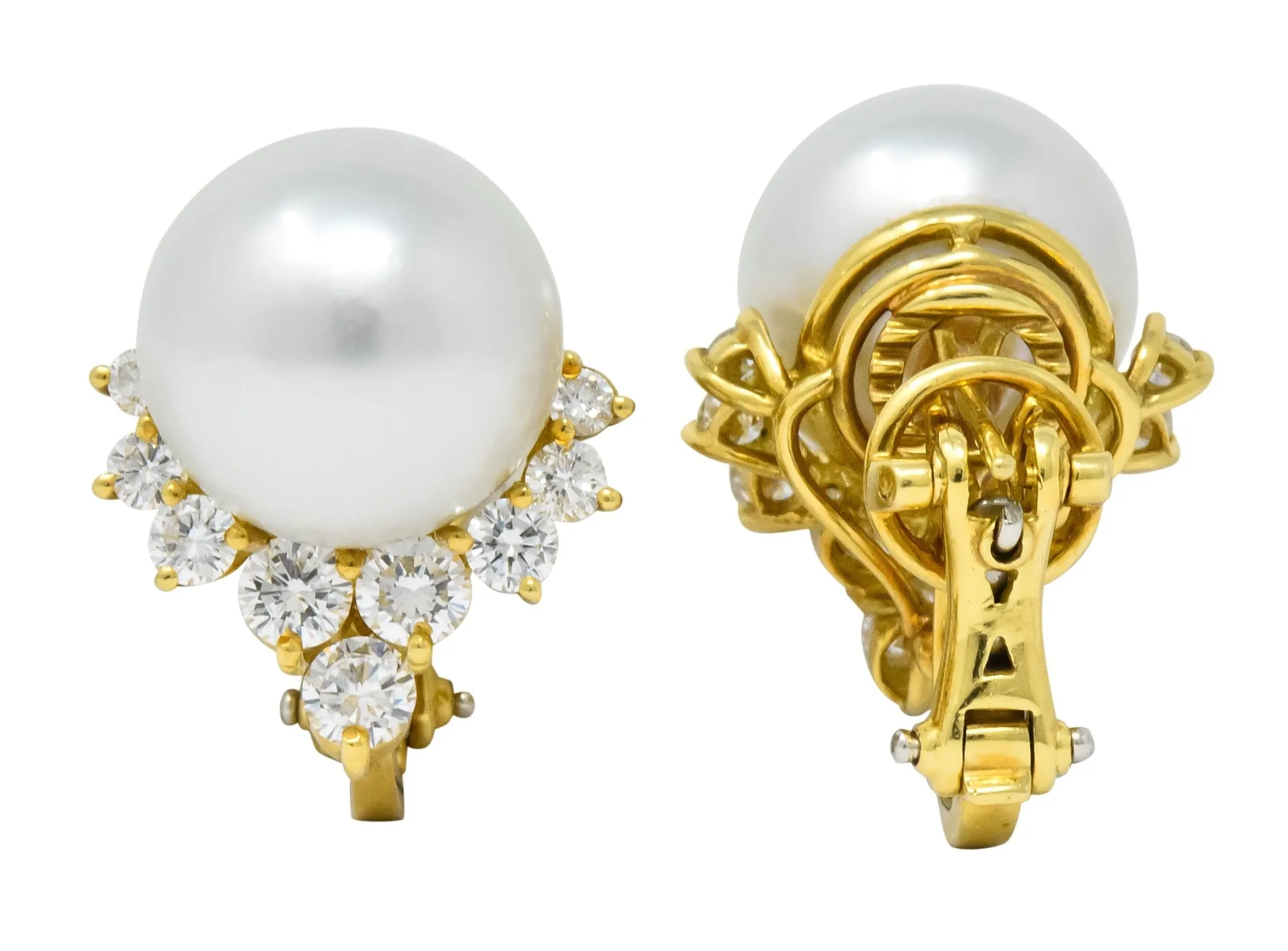 Retro 0.76 CTW Diamond Cultured South Sea Pearl 18 Karat Gold Earrings