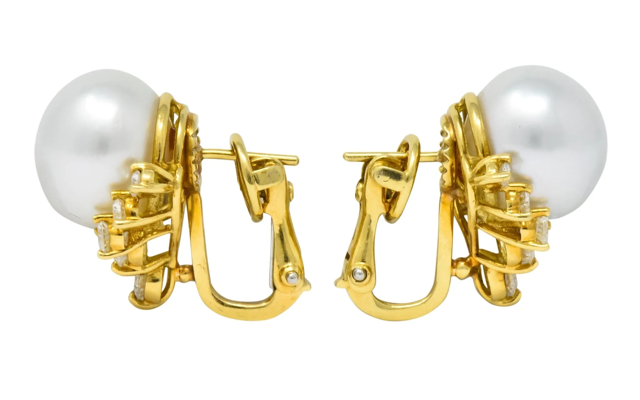 Retro 0.76 CTW Diamond Cultured South Sea Pearl 18 Karat Gold Earrings