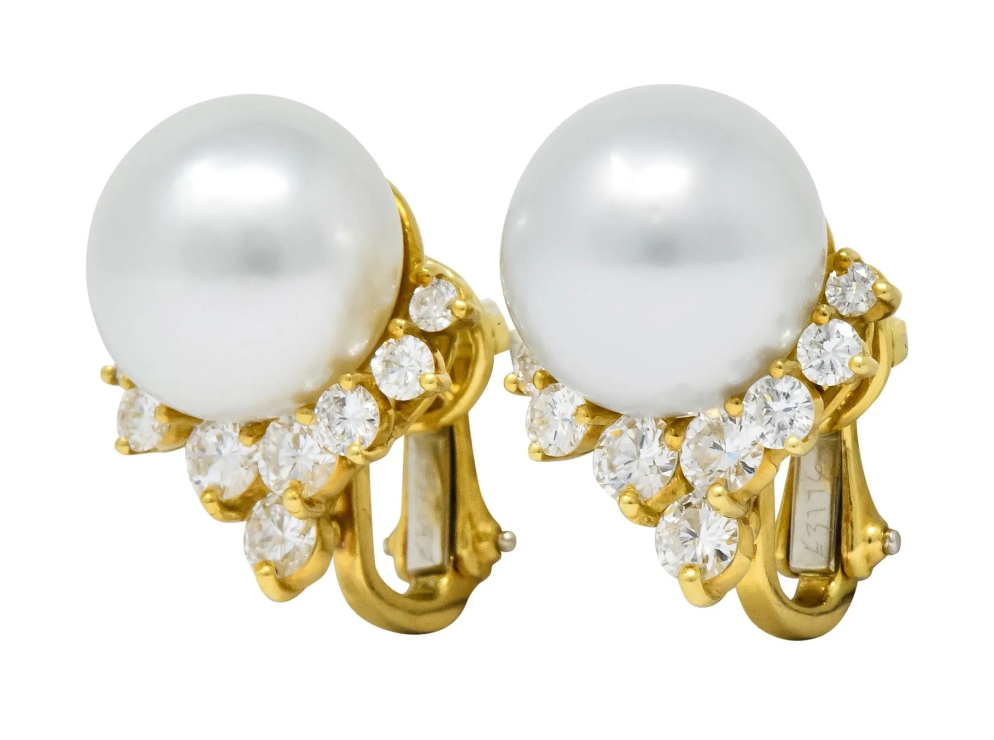 Retro 0.76 CTW Diamond Cultured South Sea Pearl 18 Karat Gold Earrings