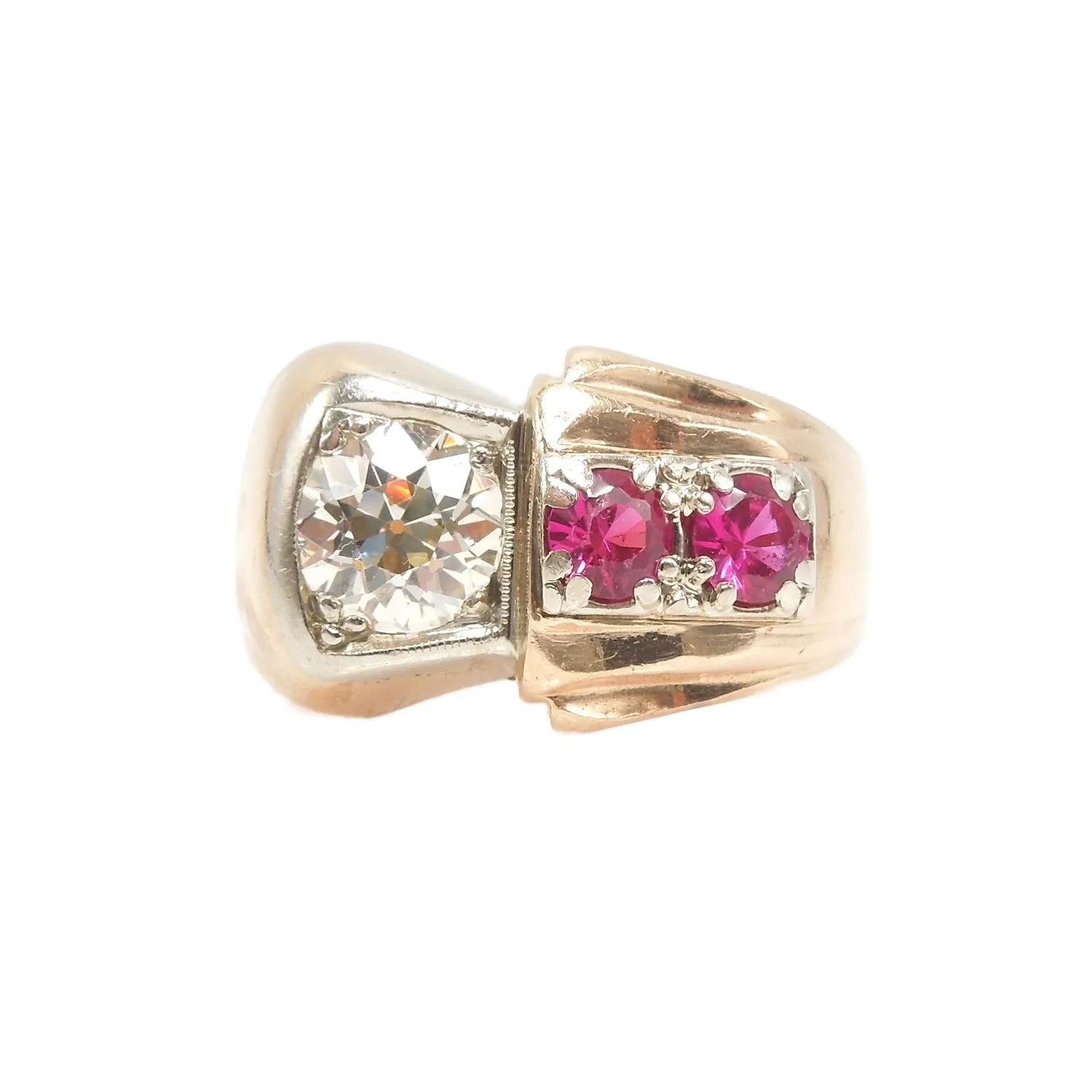 Retro 1940s Gentleman's Ring with 1.88ct European Cut Diamond and Rubellite