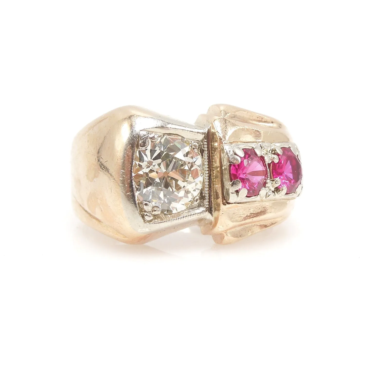 Retro 1940s Gentleman's Ring with 1.88ct European Cut Diamond and Rubellite