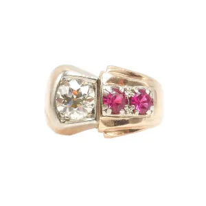 Retro 1940s Gentleman's Ring with 1.88ct European Cut Diamond and Rubellite