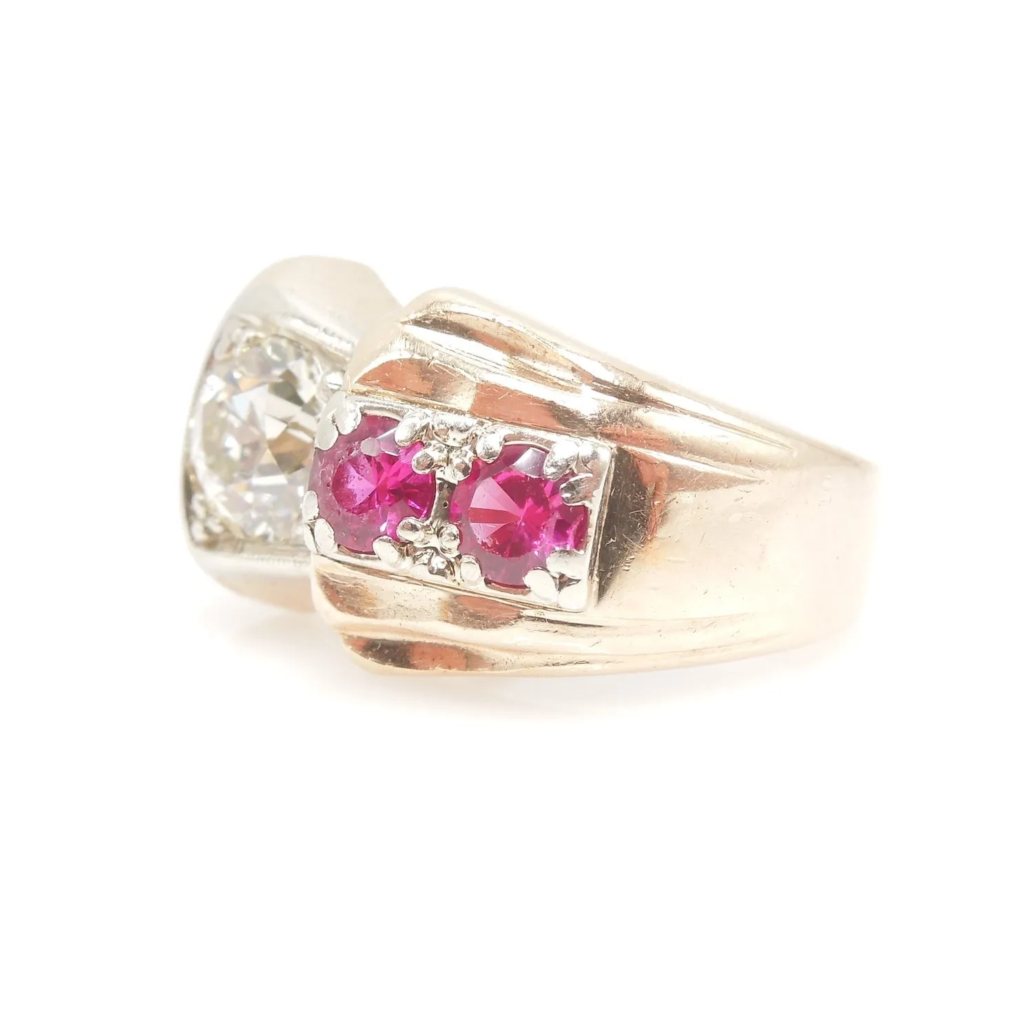 Retro 1940s Gentleman's Ring with 1.88ct European Cut Diamond and Rubellite