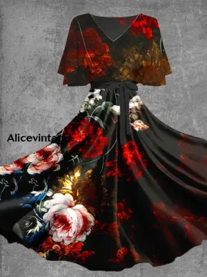 Retro Floral Art Print Chic V-Neck Short Sleeve Midi Dress