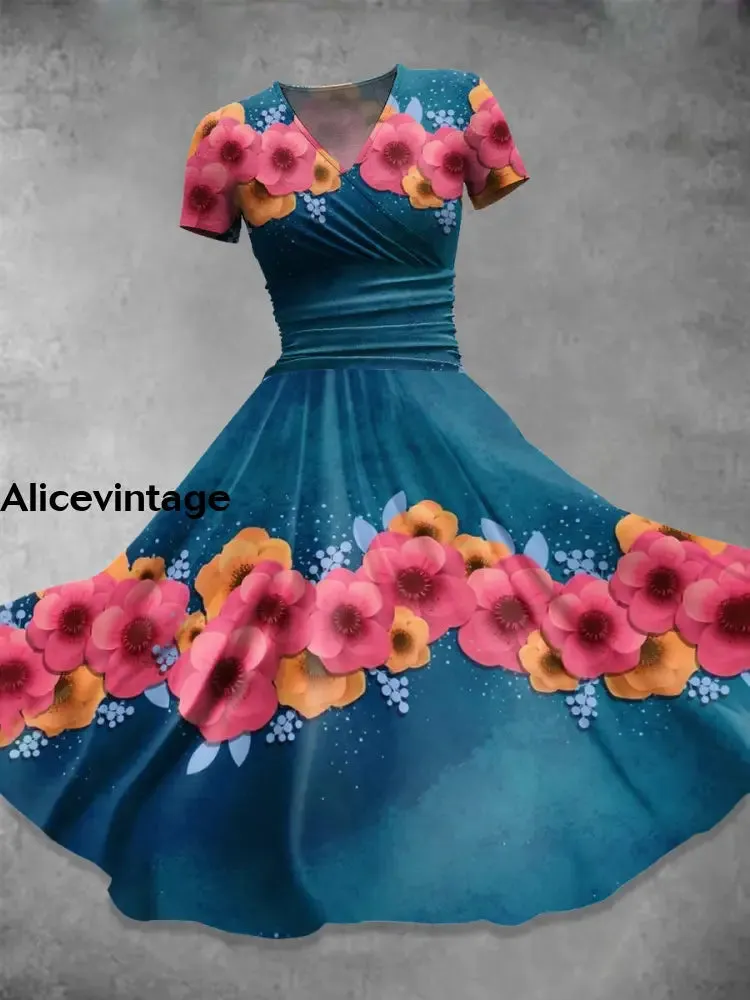 Retro Flower Print V-Neck Short Sleeve Midi Dress