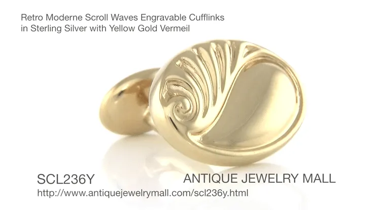 Retro Moderne Scroll Waves Engravable Cufflinks in Sterling Silver with Yellow Gold Vermeil