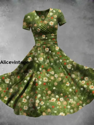 Retro Oil Painting Flowers Print V-Neck Short Sleeve Midi Dress
