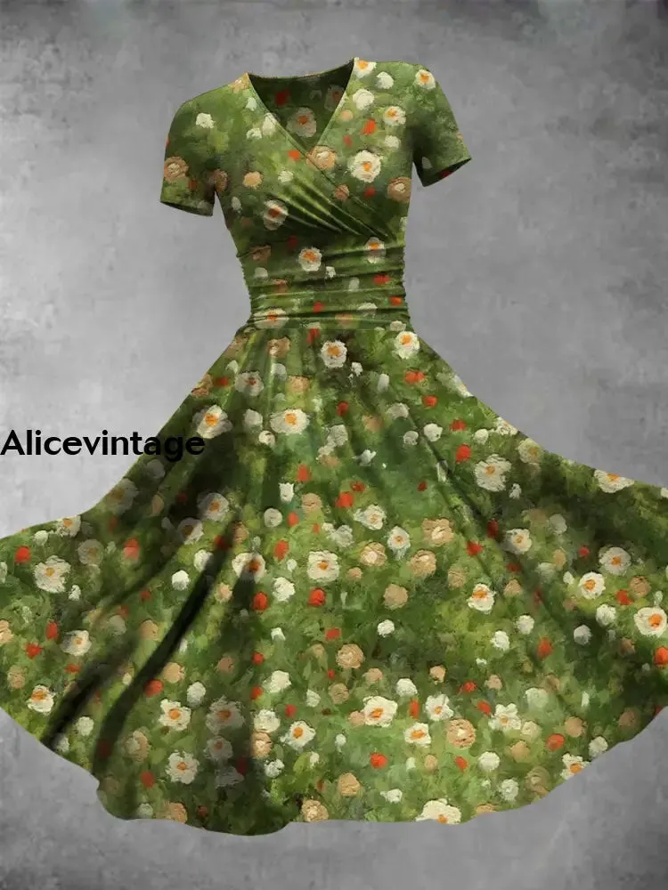 Retro Oil Painting Flowers Print V-Neck Short Sleeve Midi Dress