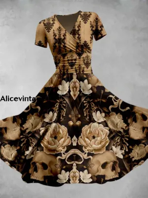 Retro Punk Skull Flower Print V-Neck Short Sleeve Midi Dress