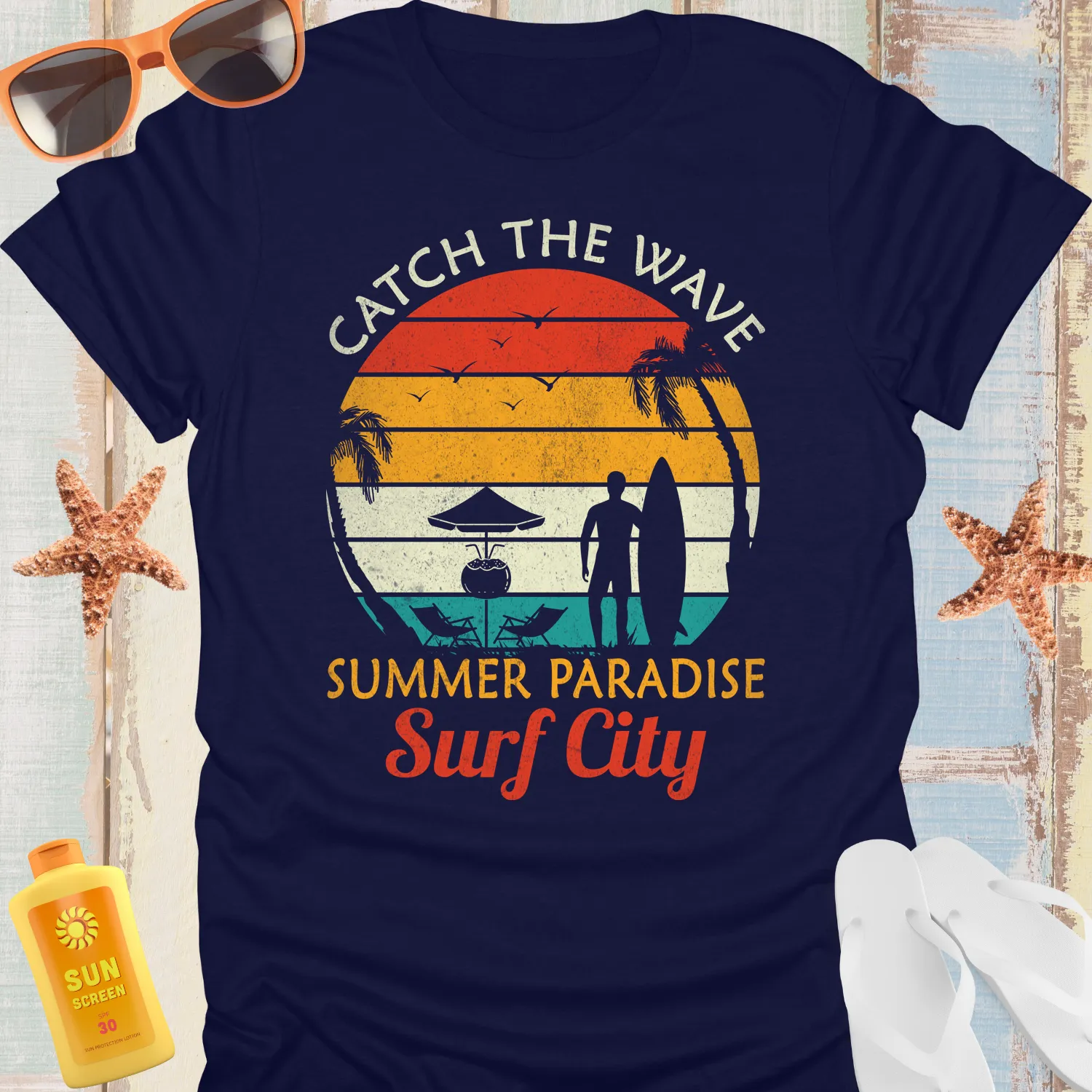 Retro Surf City Tshirt With Sunset And Palm Trees Design