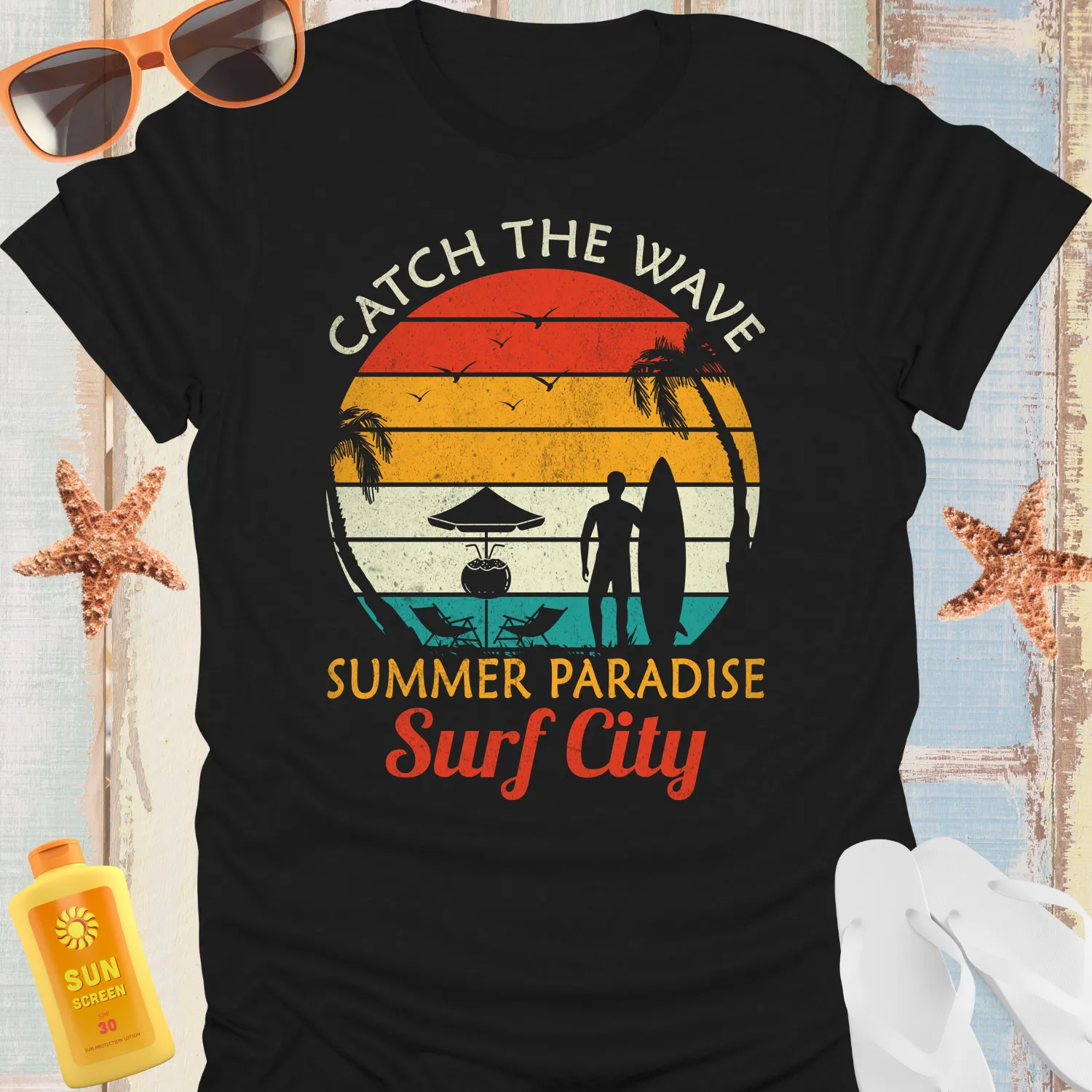Retro Surf City Tshirt With Sunset And Palm Trees Design