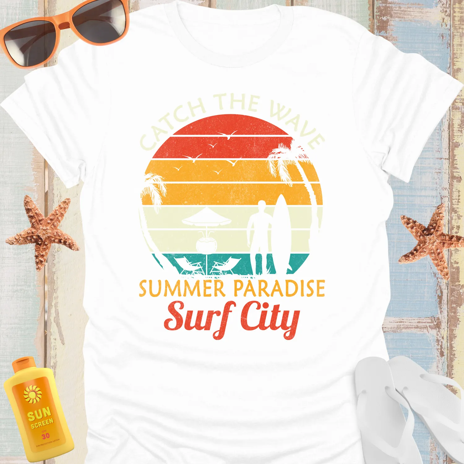 Retro Surf City Tshirt With Sunset And Palm Trees Design