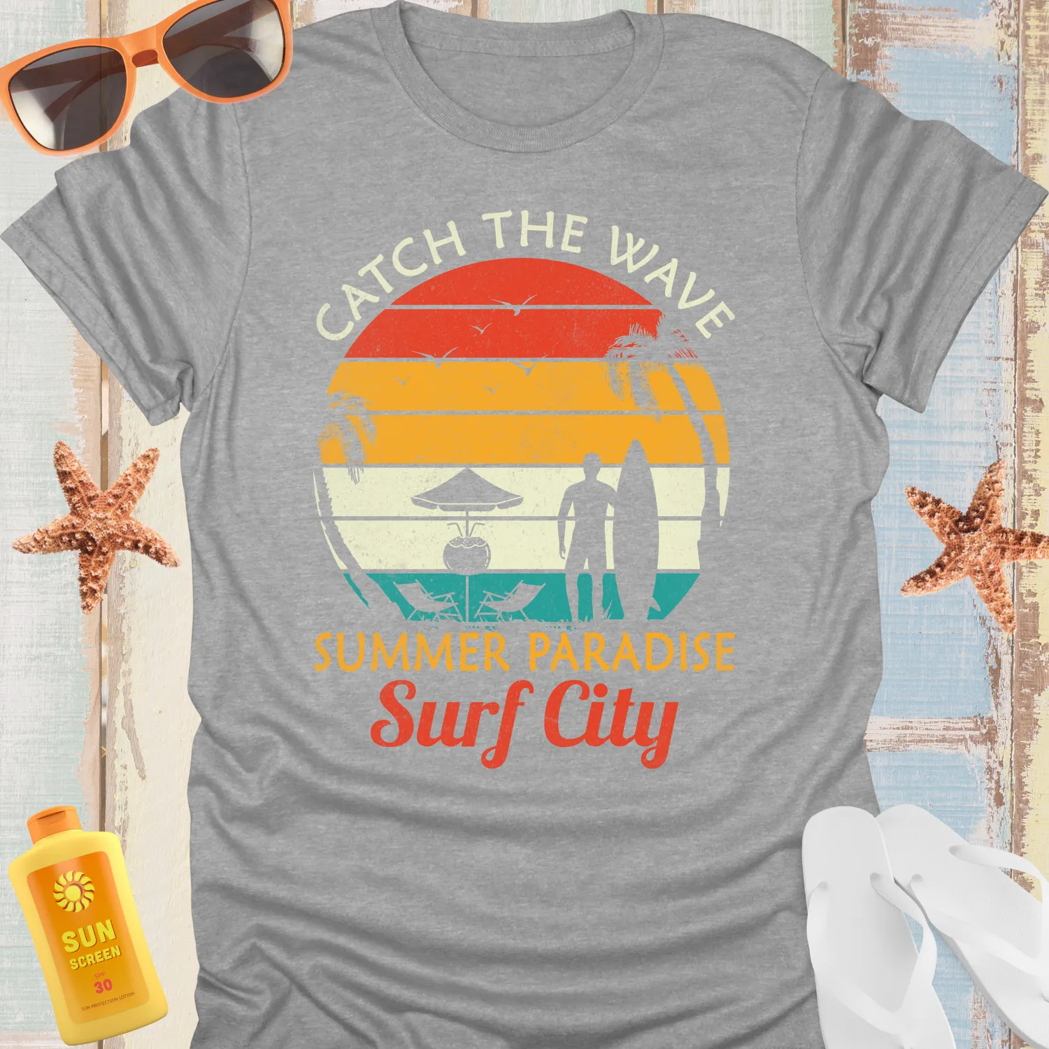 Retro Surf City Tshirt With Sunset And Palm Trees Design