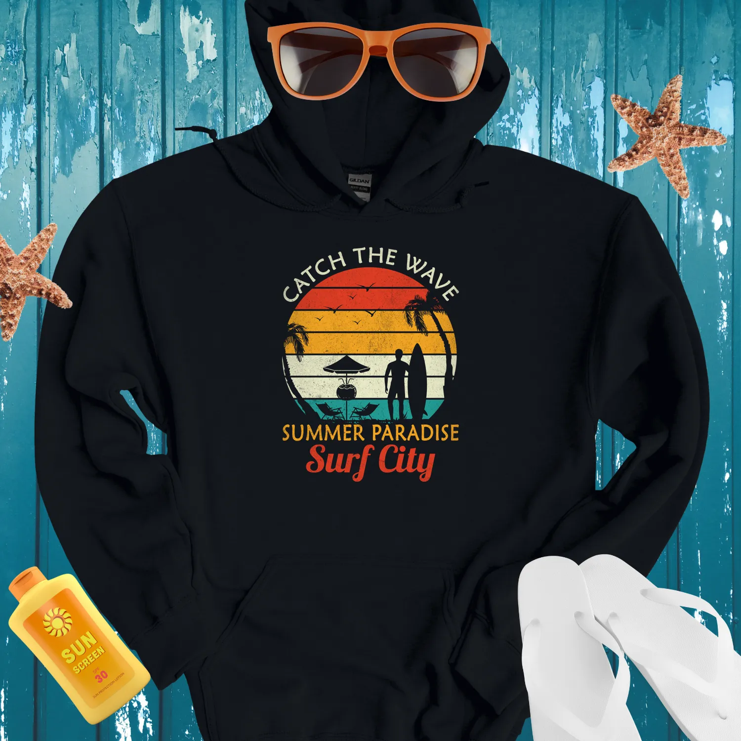 Retro Surf Hoodie With Sunset And Palm Tree Design