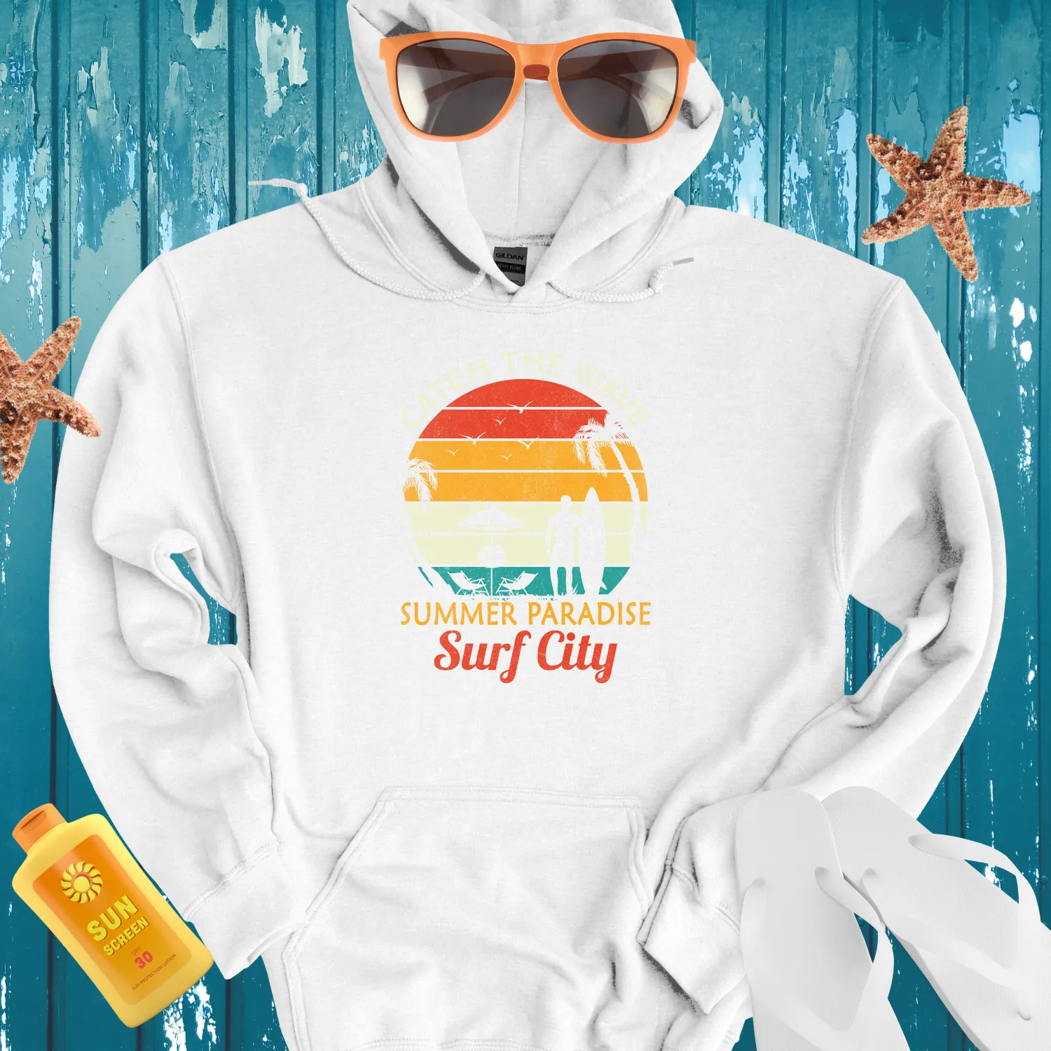 Retro Surf Hoodie With Sunset And Palm Tree Design