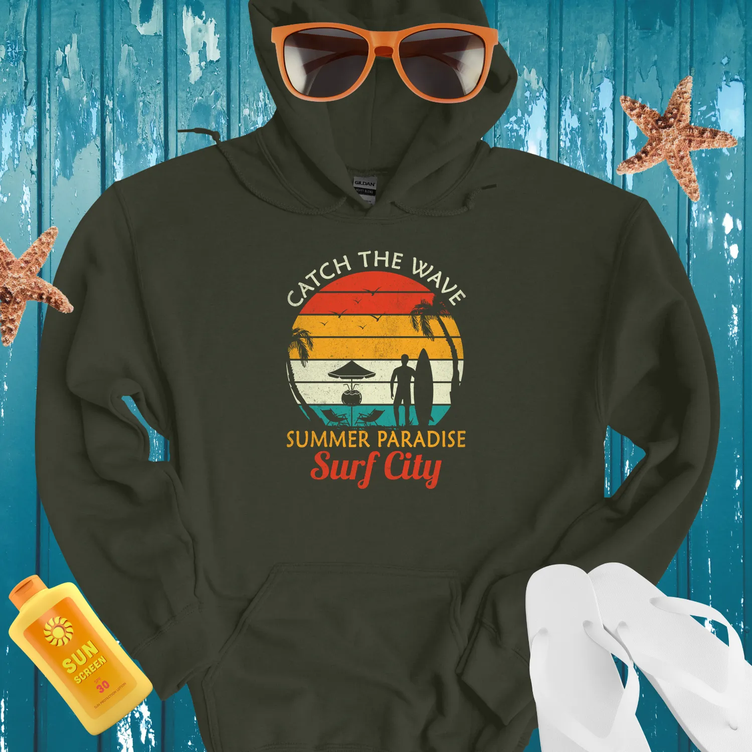 Retro Surf Hoodie With Sunset And Palm Tree Design