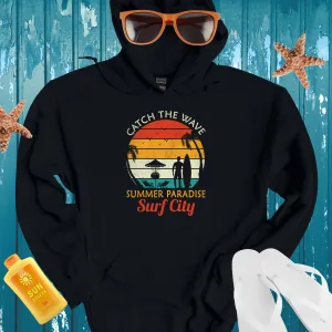 Retro Surf Hoodie With Sunset And Palm Tree Design