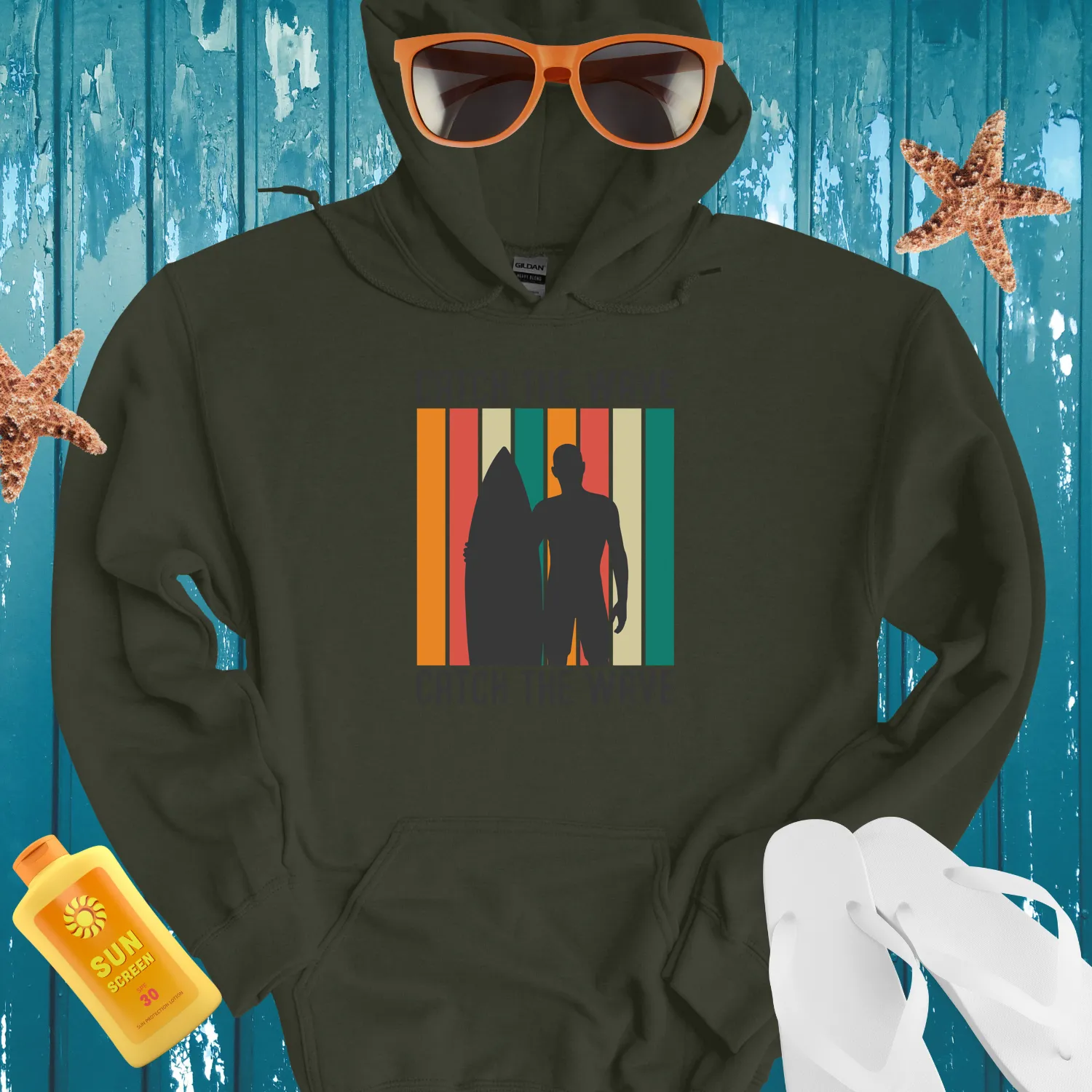 Retro Surf Hoodie With Vibrant Ocean Stripes Design