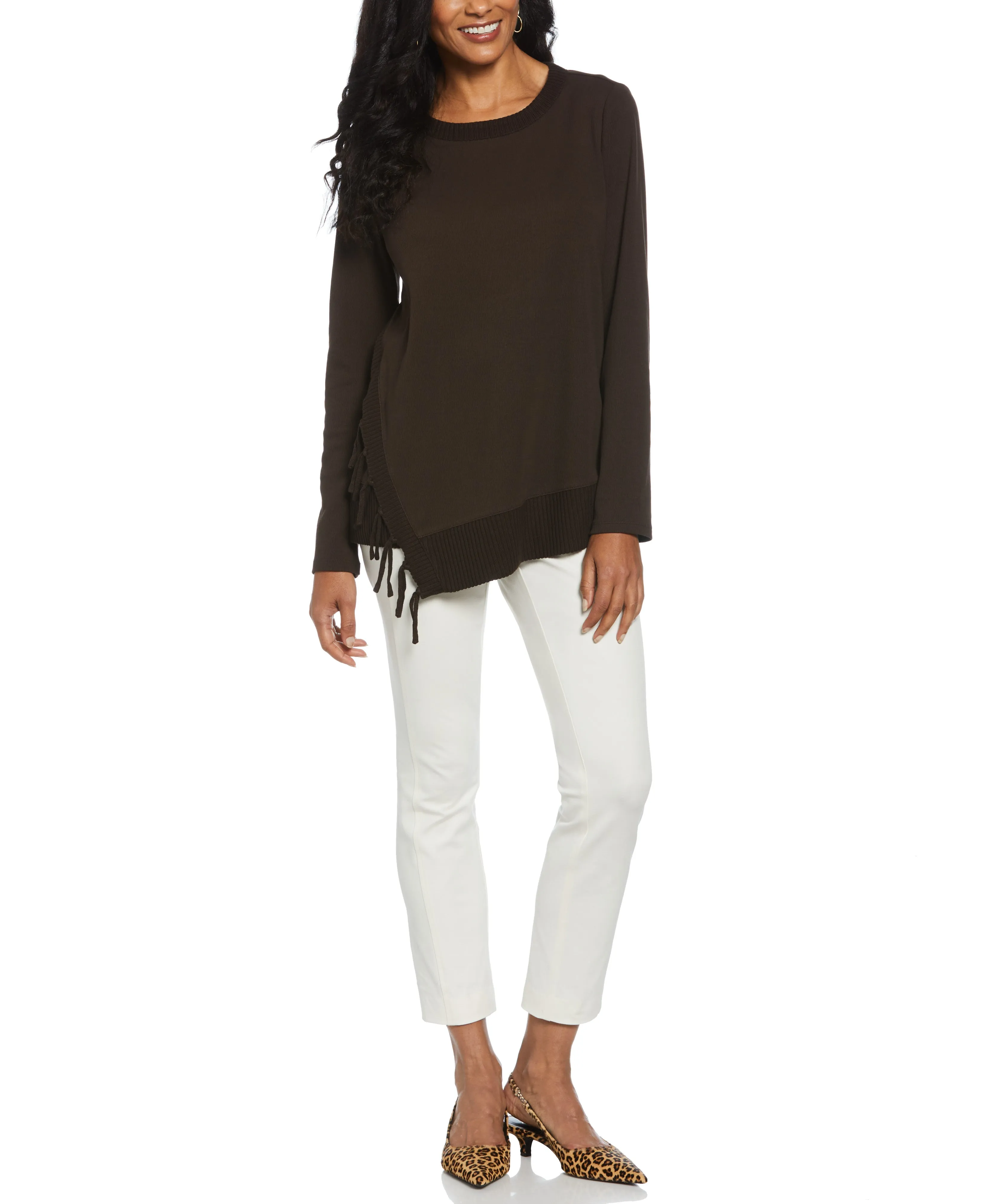 Ribbed Asymmetrical Fringe Hem Top