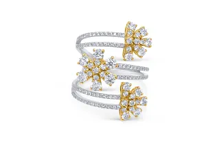 Ring 18kt Mixed Gold Triple Row Flowers Round Diamonds