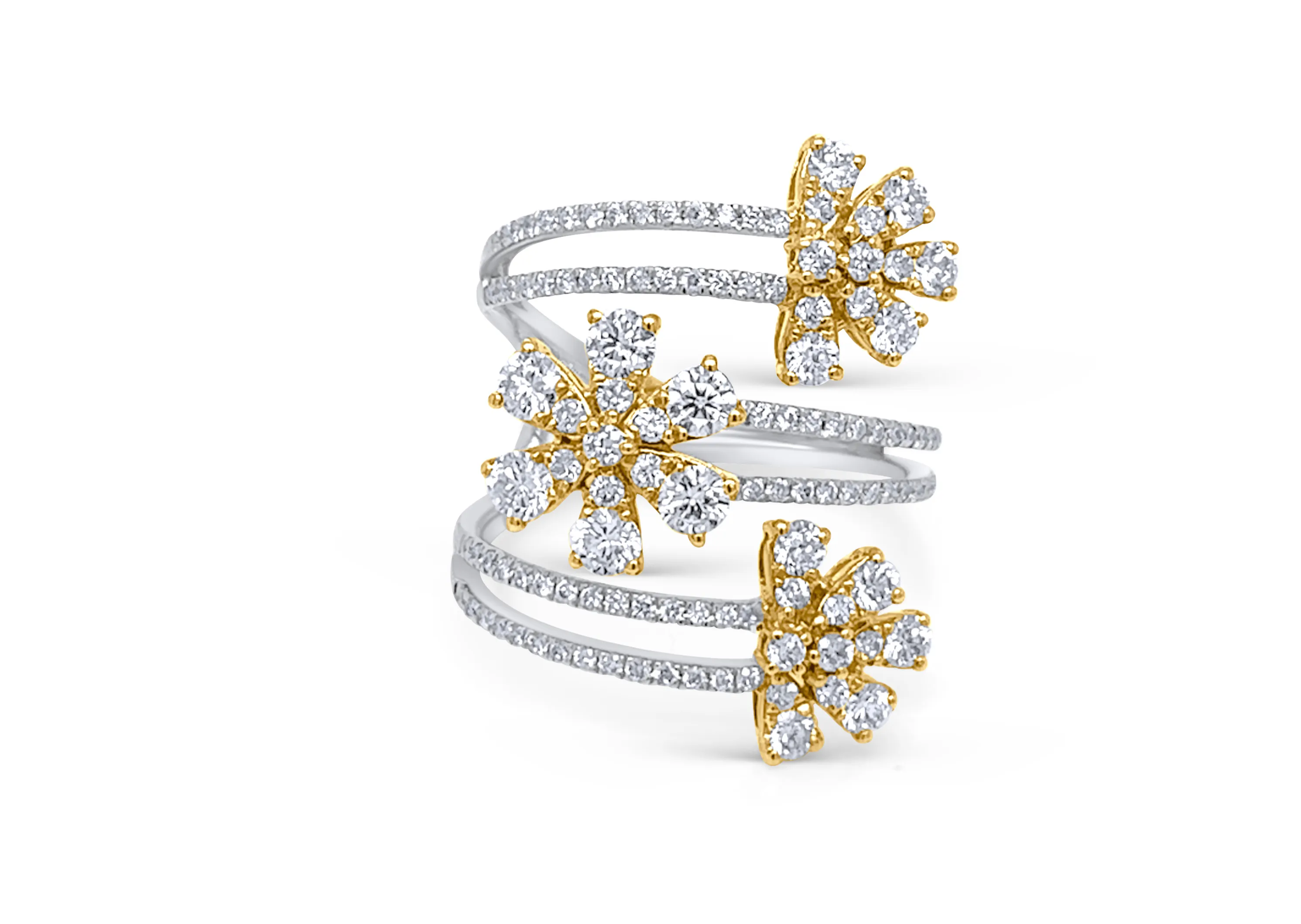 Ring 18kt Mixed Gold Triple Row Flowers Round Diamonds