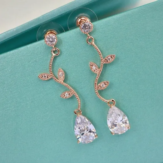 Rose Gold Crystal Vine Y Necklace And Earrings Set. CZ Crystal Wedding Necklace Set, Rose Gold Bridal Wedding Jewelry Set. Blush Wedding.
