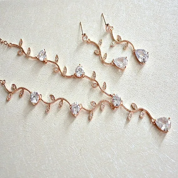 Rose Gold Crystal Vine Y Necklace And Earrings Set. CZ Crystal Wedding Necklace Set, Rose Gold Bridal Wedding Jewelry Set. Blush Wedding.