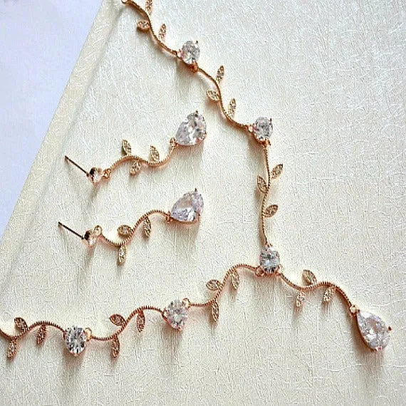Rose Gold Crystal Vine Y Necklace And Earrings Set. CZ Crystal Wedding Necklace Set, Rose Gold Bridal Wedding Jewelry Set. Blush Wedding.