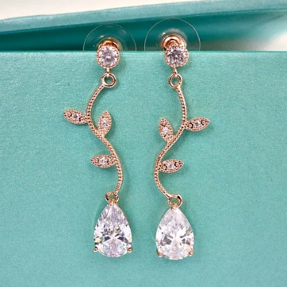 Rose Gold Crystal Vine Y Necklace And Earrings Set. CZ Crystal Wedding Necklace Set, Rose Gold Bridal Wedding Jewelry Set. Blush Wedding.