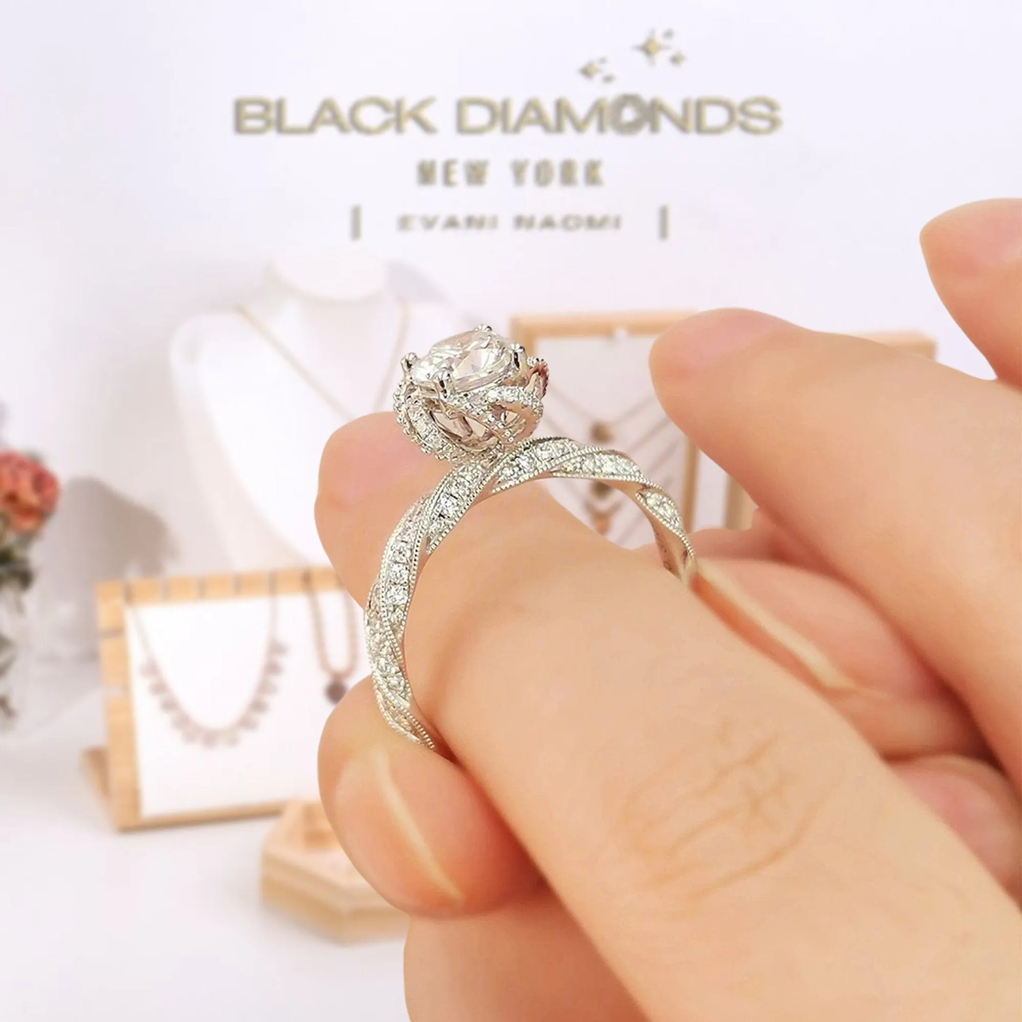 Round Cut 18k Diamond Halo Twist Engagement Ring
