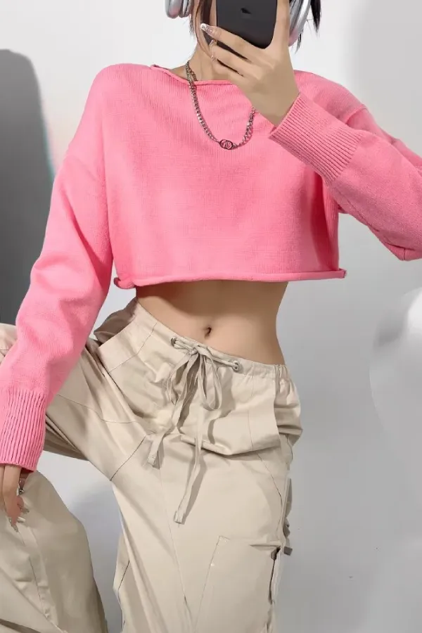 Round Neck Solid Color Loose Casual Long Sleeve Super Short Knitted Sweater