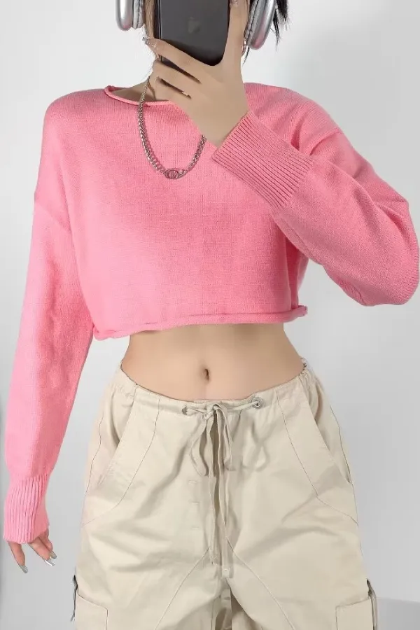 Round Neck Solid Color Loose Casual Long Sleeve Super Short Knitted Sweater