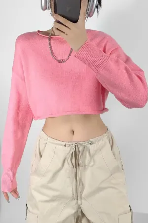 Round Neck Solid Color Loose Casual Long Sleeve Super Short Knitted Sweater