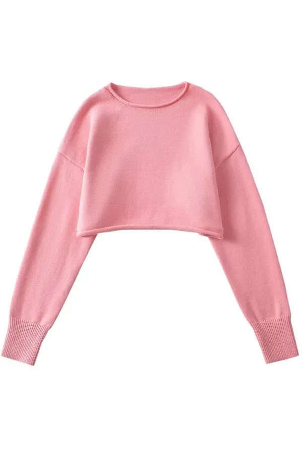 Round Neck Solid Color Loose Casual Long Sleeve Super Short Knitted Sweater