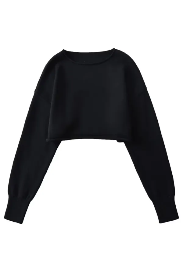 Round Neck Solid Color Loose Casual Long Sleeve Super Short Knitted Sweater