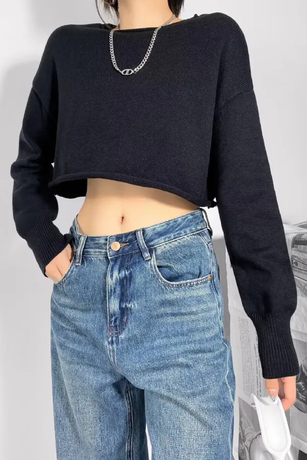 Round Neck Solid Color Loose Casual Long Sleeve Super Short Knitted Sweater